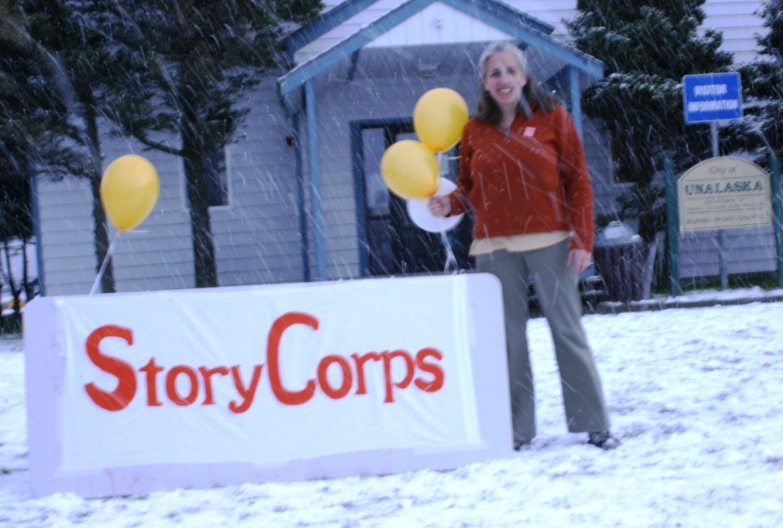 banner1 Kristine setting up for the StoryCorps Kick-off.