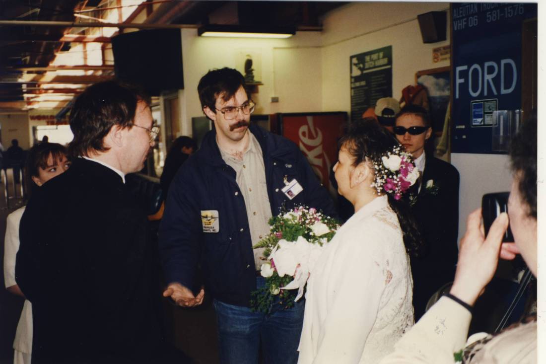 excuses0002 Pilot Burke Mees telling me that we can do a fast quick ceremony at 2 PM, or he can do the Akutan run first, then we can take our time getting married!